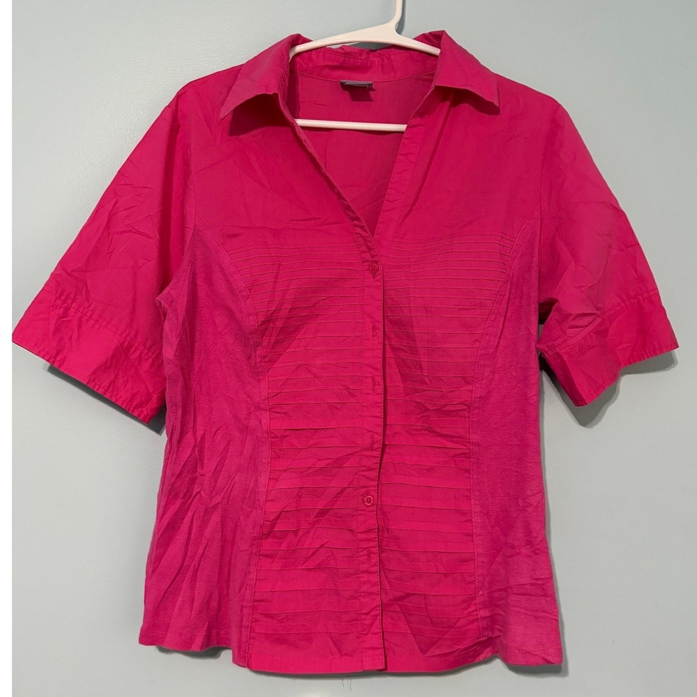 Laura Scott Petite Size L Hot Pink Pintuck Short Sleeve Button‎ Down Shirt 0979